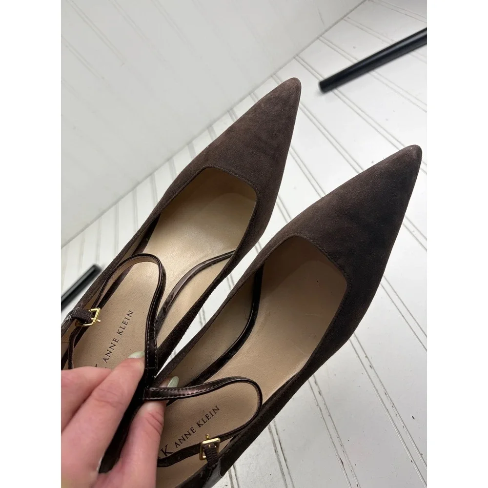 Anne Klein Vintage Y2K Brown Suede Mary Jane Pointed Toe Heels Women's Size 9M
